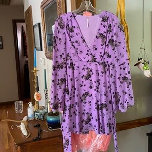Free People Purple Floral Mini Dress with Bell Sleeves & Tie Waist